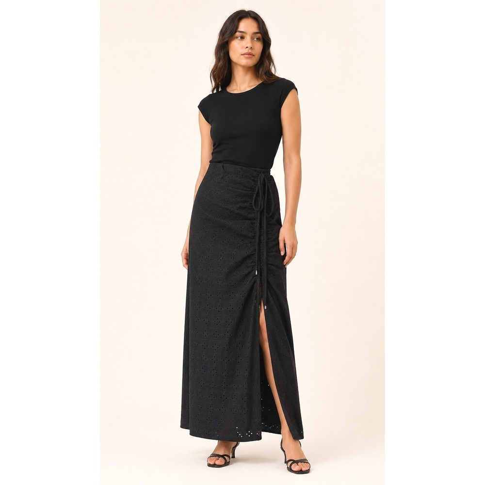 GLOWNY Devon Eyelet Maxi Skirt Women Small Black Ruched Slit Whimsigoth Y2K